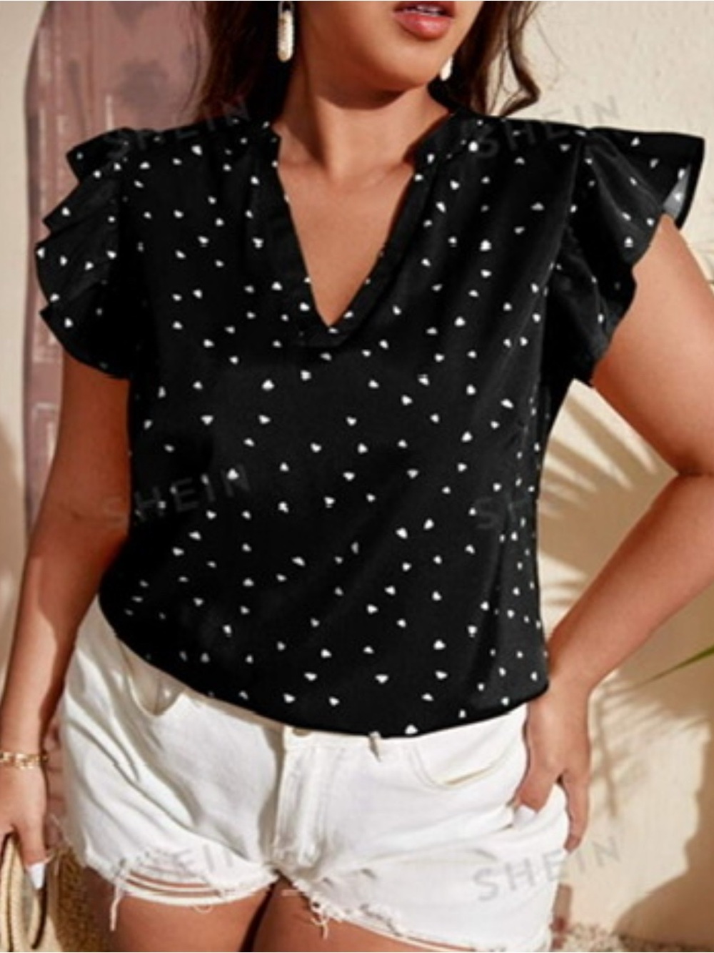 SHEIN Black Ruffle Sleeve V-Neck Top with White Heart Print